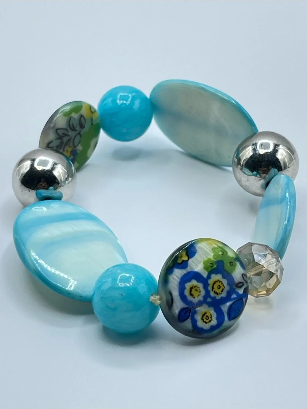 Blue Mother of Pearl Hollow Silver Beaded Stretch Bracelet Floral Boho
